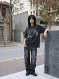DAXUEN dark grey oversized collage graphic tee — model photo