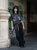 DAXUEN dark grey oversized collage graphic tee — model photo