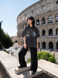 DAXUEN dark grey oversized collage graphic tee — model photo