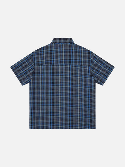 DAXUEN Color-block plaid button-up shirt