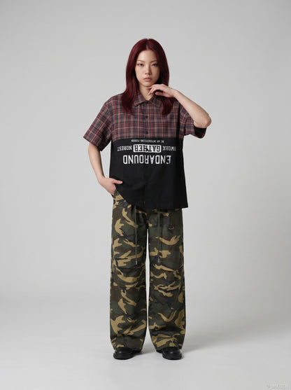 DAXUEN Color-block plaid button-up shirt — model photo