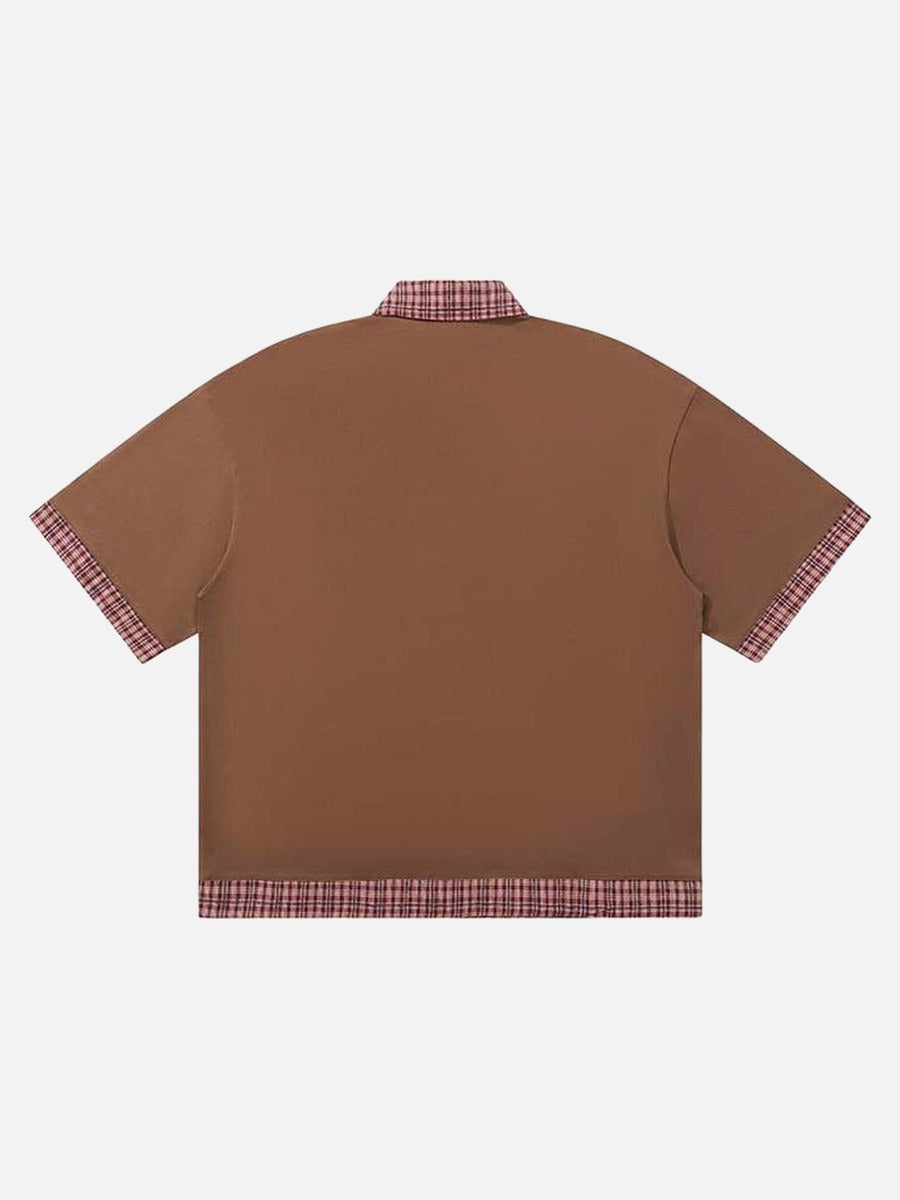 DAXUEN Color-block plaid short-sleeve collared shirt