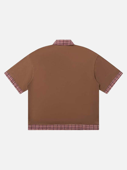 DAXUEN Color-block plaid short-sleeve collared shirt