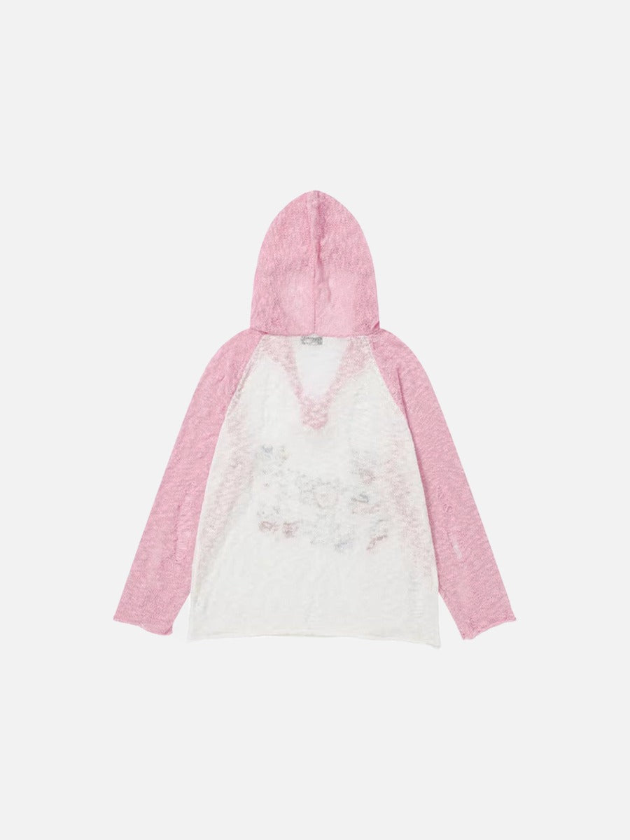DAXUEN Color-blocked long-sleeved hooded top with cat graphics