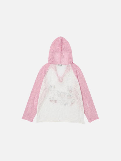 DAXUEN Color-blocked long-sleeved hooded top with cat graphics
