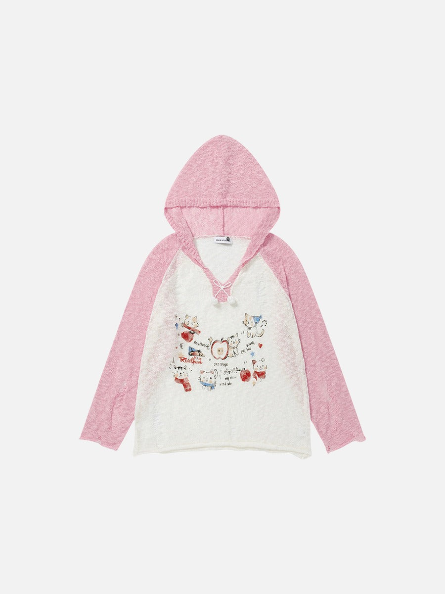 DAXUEN Color-blocked long-sleeved hooded top with cat graphics