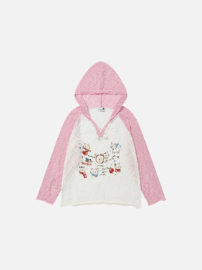 DAXUEN Color-blocked long-sleeved hooded top with cat graphics
