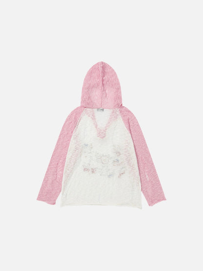 DAXUEN Color-blocked long-sleeved hooded top with cat graphics