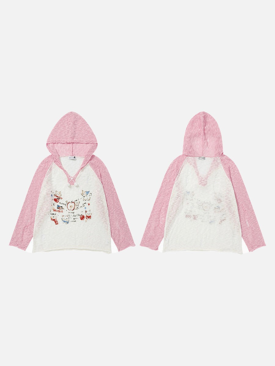 DAXUEN Color-blocked long-sleeved hooded top with cat graphics