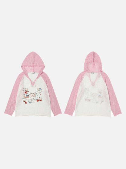 DAXUEN Color-blocked long-sleeved hooded top with cat graphics