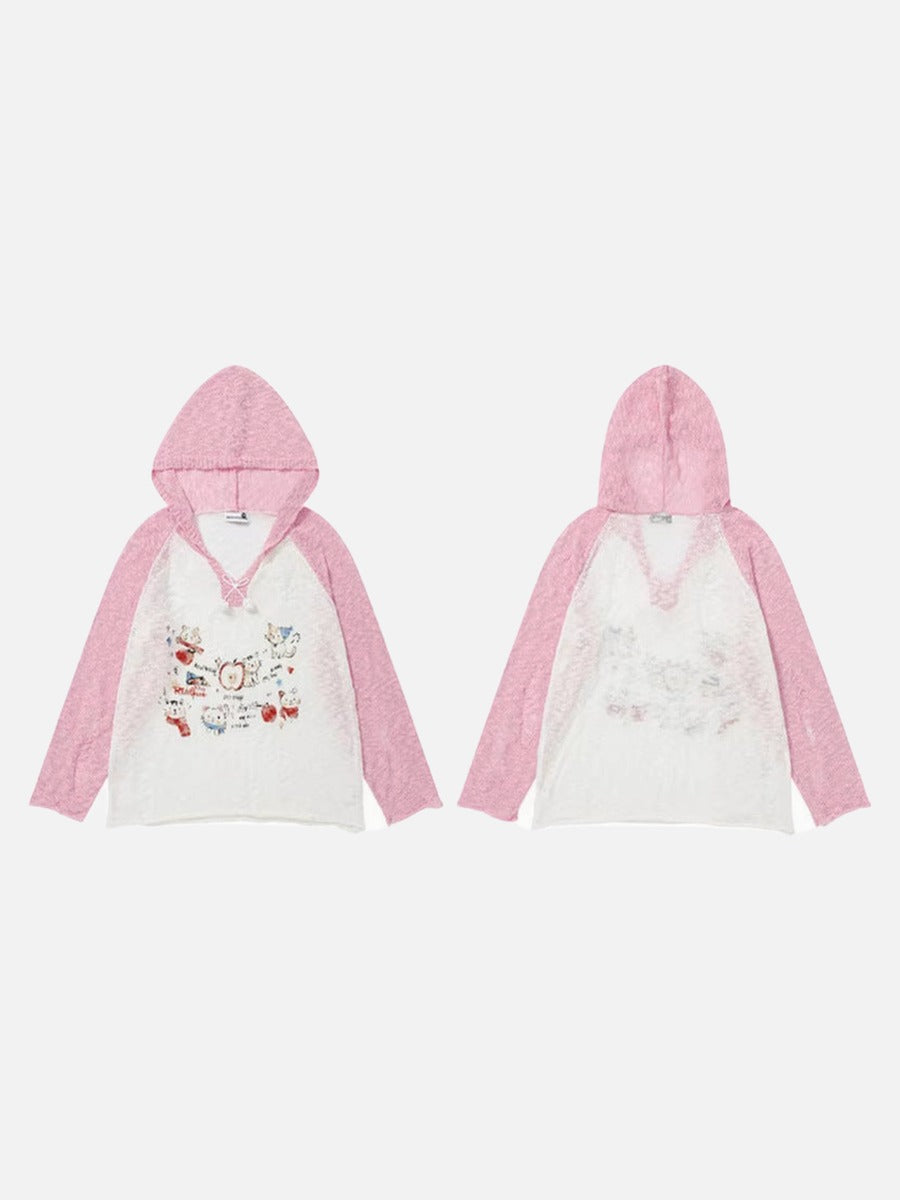 DAXUEN Color-blocked long-sleeved hooded top with cat graphics