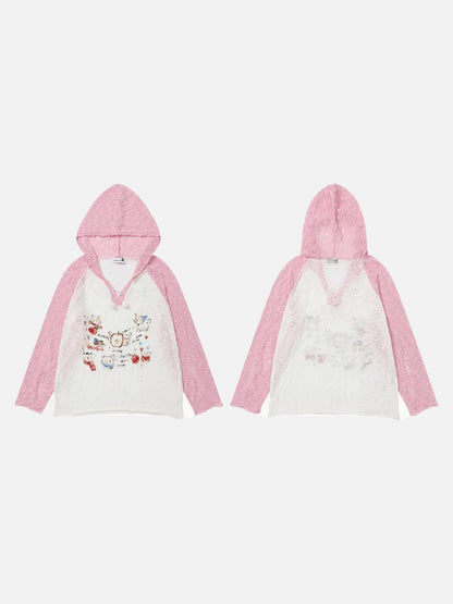 DAXUEN Color-blocked long-sleeved hooded top with cat graphics