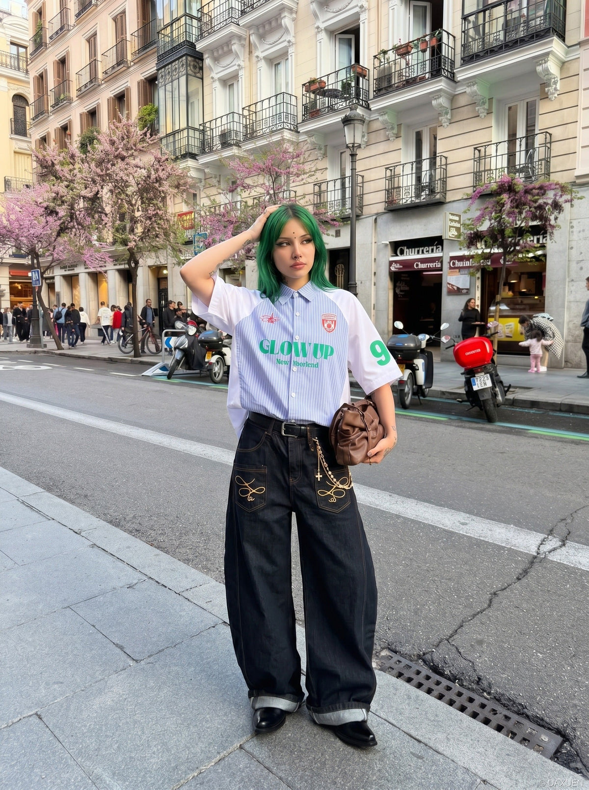 DAXUEN Color-blocked short-sleeved button-up shirt with graphic prints — model photo