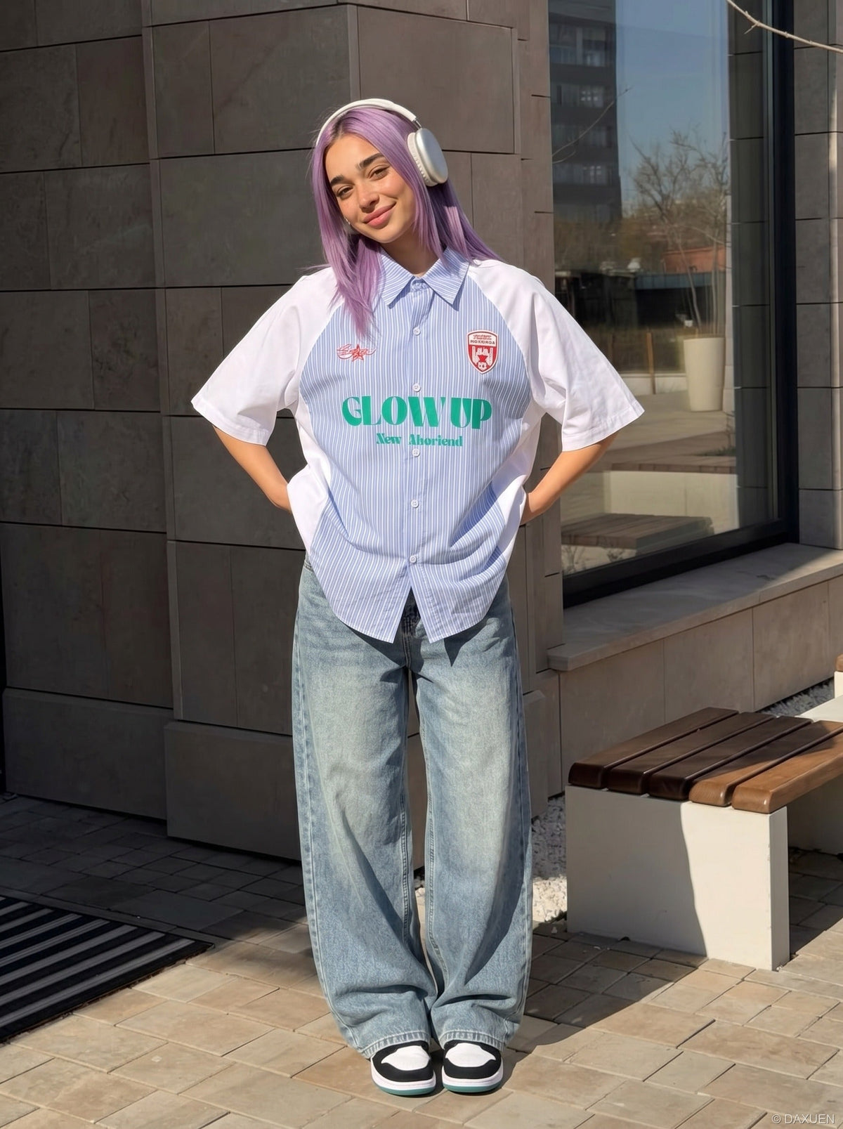 DAXUEN Color-blocked short-sleeved button-up shirt with graphic prints — model photo