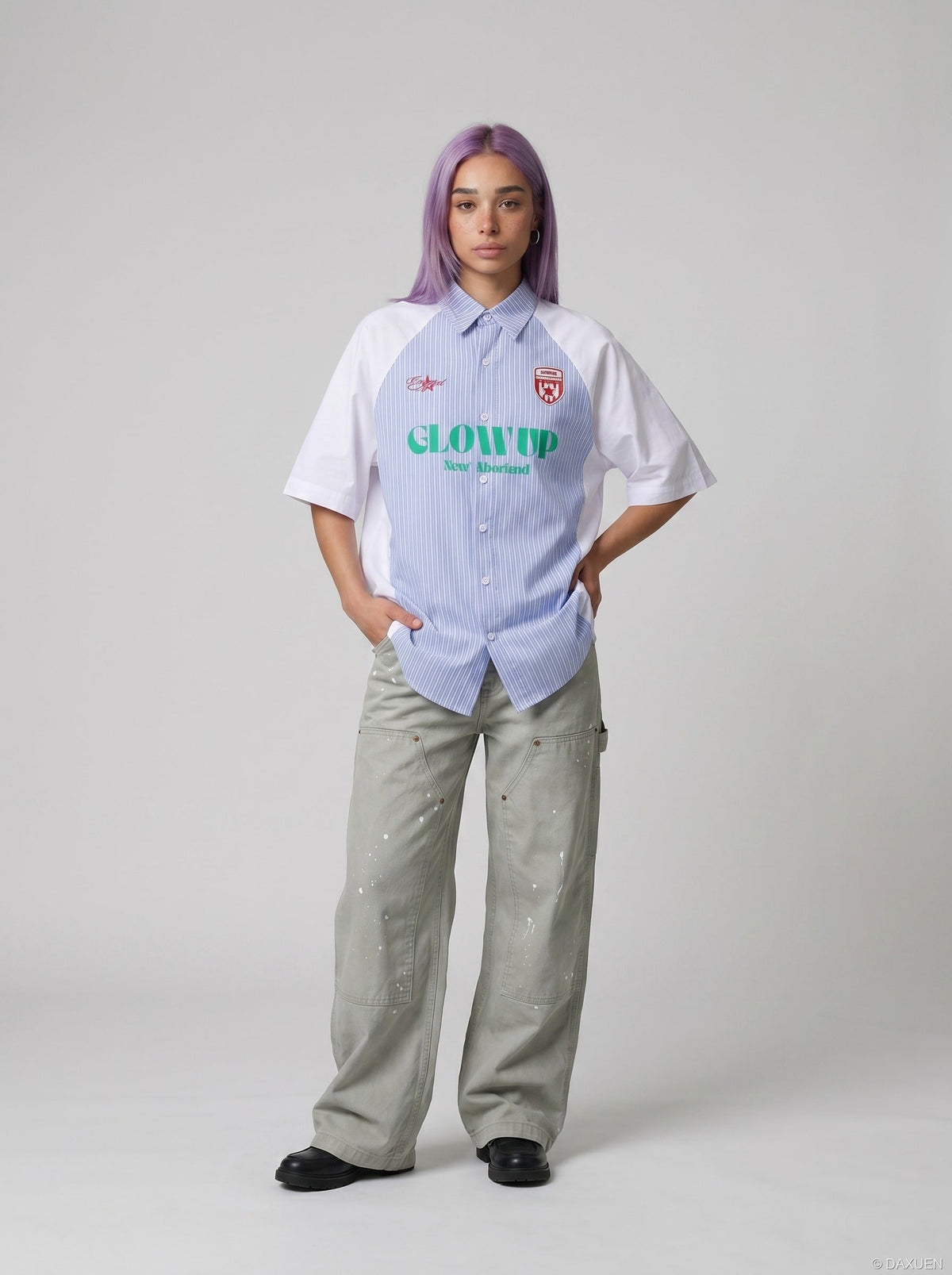 DAXUEN Color-blocked short-sleeved button-up shirt with graphic prints — model photo