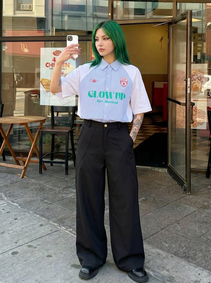 DAXUEN Color-blocked short-sleeved button-up shirt with graphic prints — model photo