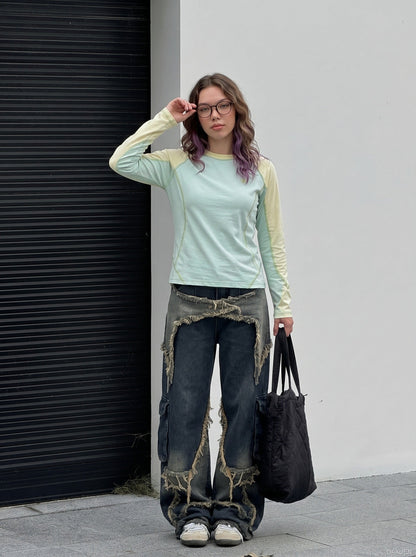 DAXUEN color-blocked long sleeve crew neck top — model photo