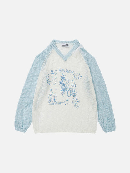 DAXUEN Color-blocked long-sleeve sweater with cartoon graphics