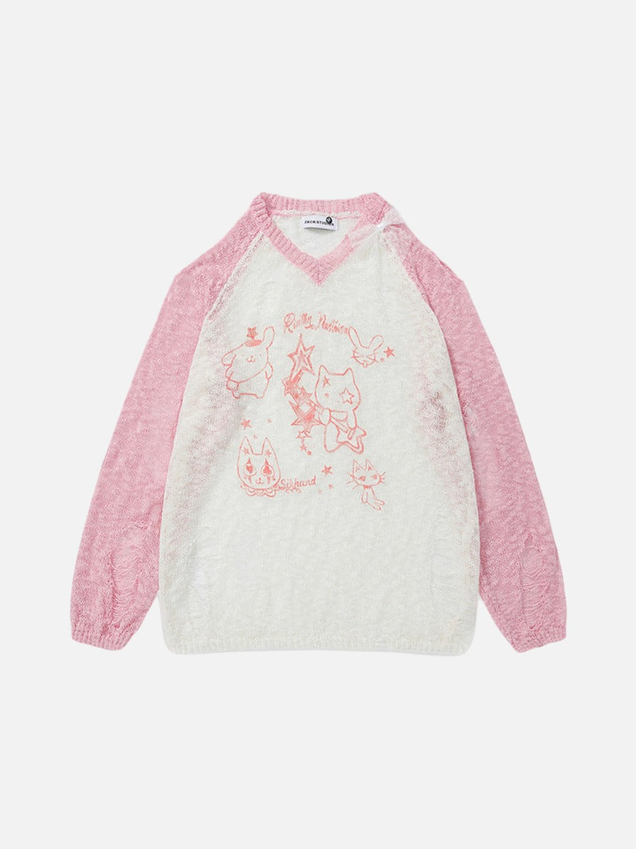 DAXUEN Color-blocked long-sleeve sweater with cartoon graphics