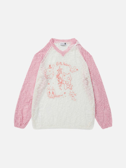 DAXUEN Color-blocked long-sleeve sweater with cartoon graphics