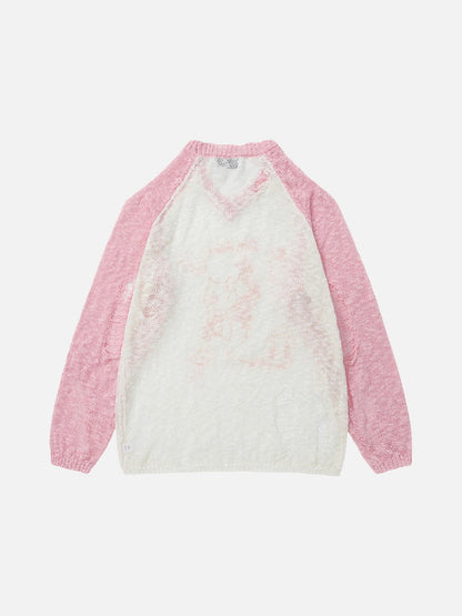 DAXUEN Color-blocked long-sleeve sweater with cartoon graphics