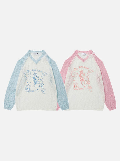 DAXUEN Color-blocked long-sleeve sweater with cartoon graphics
