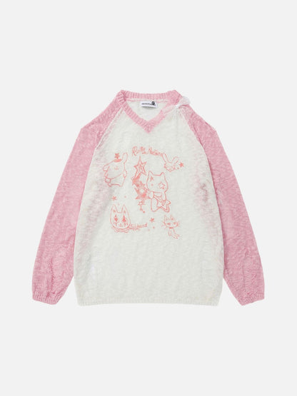 DAXUEN Color-blocked long-sleeve sweater with cartoon graphics