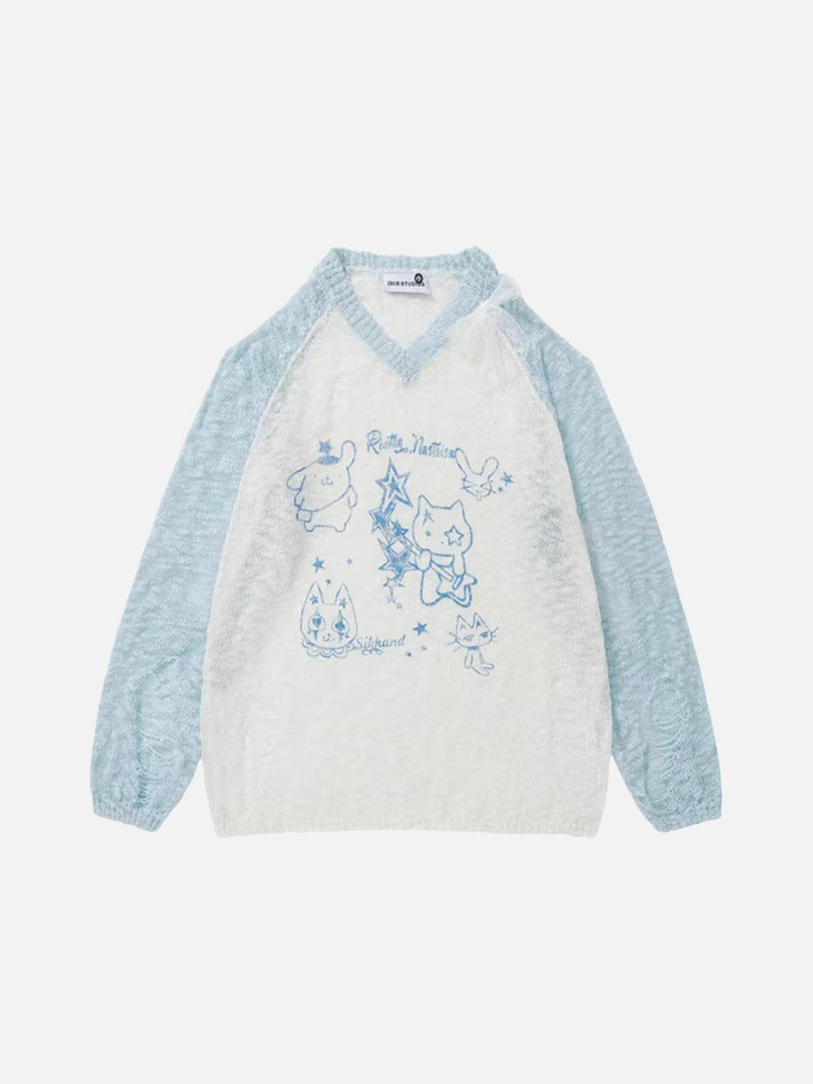 DAXUEN Color-blocked long-sleeve sweater with cartoon graphics