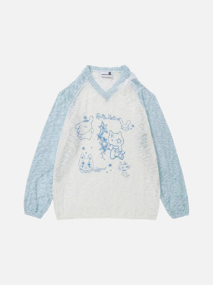DAXUEN Color-blocked long-sleeve sweater with cartoon graphics