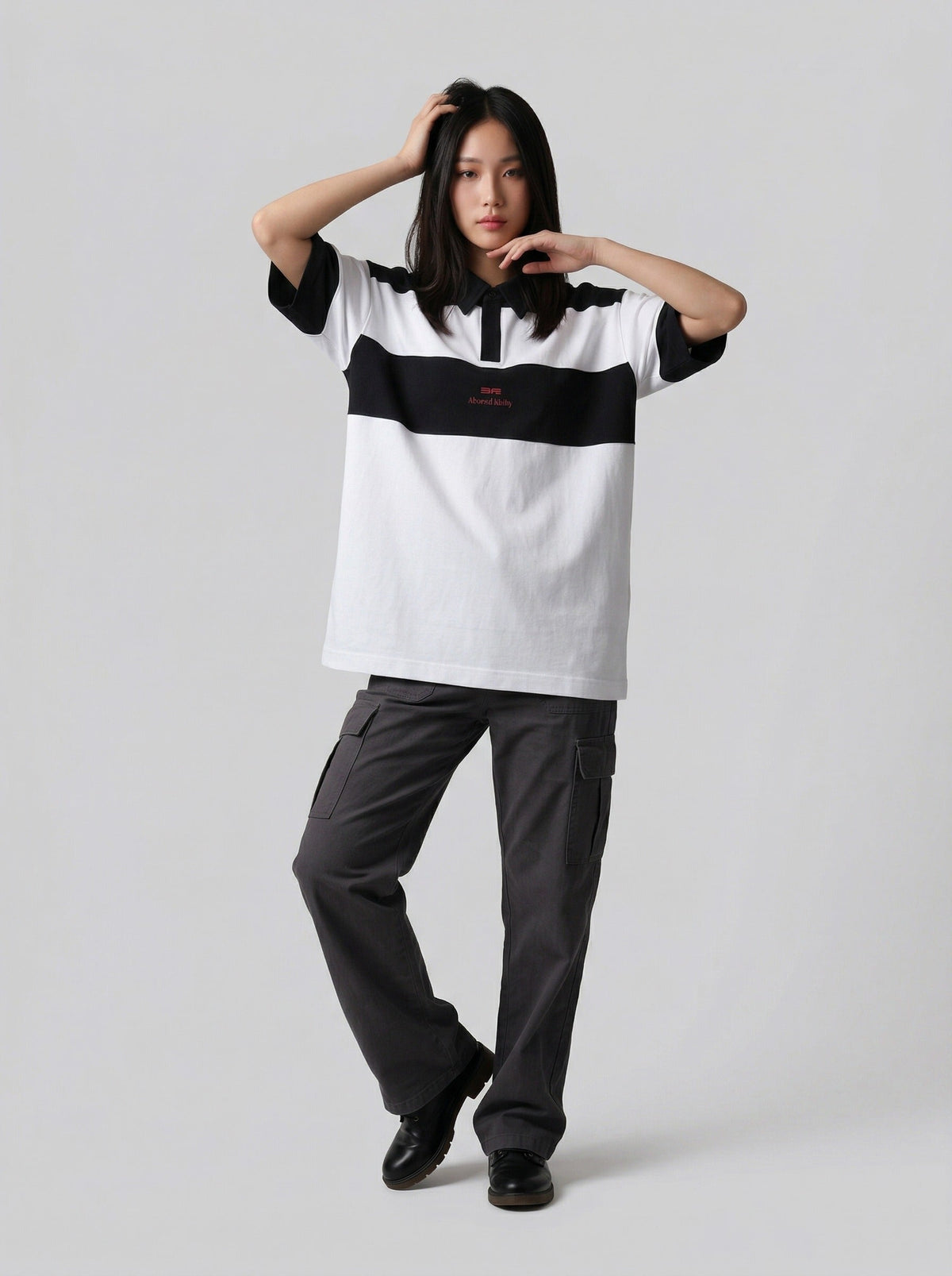 DAXUEN Color-blocked oversized polo shirt — model photo