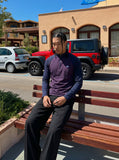 DAXUEN dark purple and olive green color-blocked long sleeve top — model photo