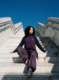 DAXUEN dark purple and olive green color-blocked long sleeve top — model photo