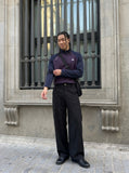 DAXUEN dark purple and olive green color-blocked long sleeve top — model photo