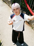 DAXUEN color-blocked t-shirt with shield patch — model photo