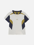 White short sleeve v-neck t-shirt with navy blue and olive green color block panels and a small center chest graphic
