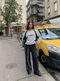 DAXUEN black and dark grey color-blocked wide-leg trousers — model photo