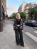 DAXUEN black and dark grey color-blocked wide-leg trousers — model photo