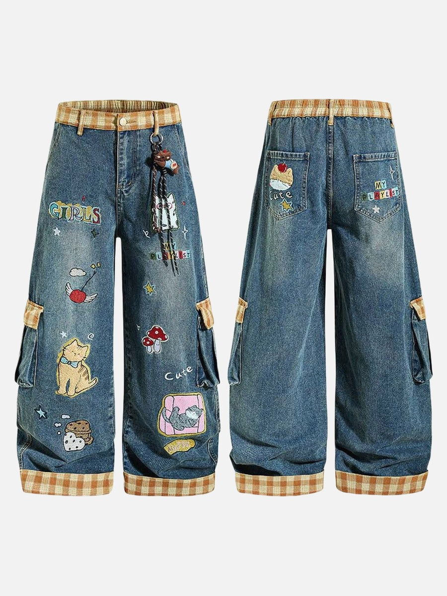 DAXUEN Colorful wide-leg cargo denim pants with embroidery