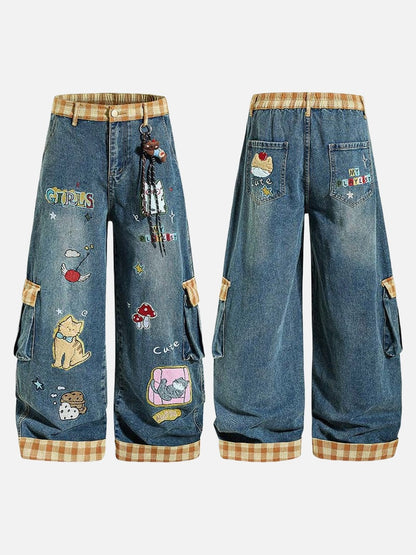 DAXUEN Colorful wide-leg cargo denim pants with embroidery