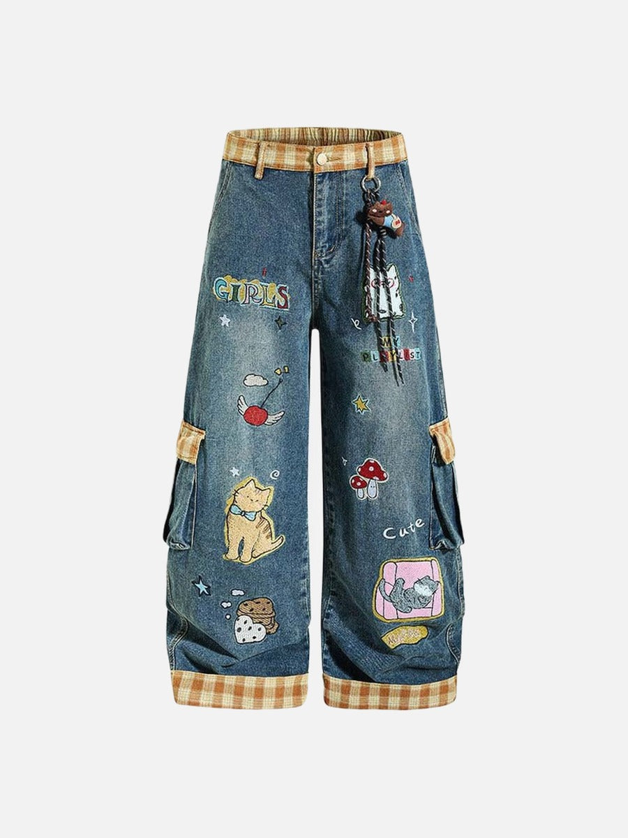 DAXUEN Colorful wide-leg cargo denim pants with embroidery