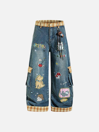 DAXUEN Colorful wide-leg cargo denim pants with embroidery