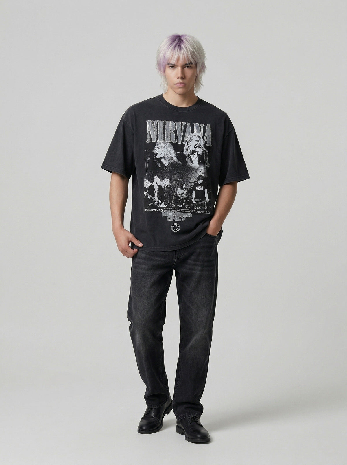 DAXUEN Oversized short-sleeved crew neck t-shirt with concert graphic — model photo