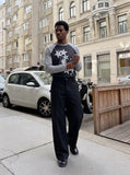 DAXUEN dark grey constellation graphic long-sleeved t-shirt — model photo
