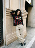 DAXUEN khaki wide-leg contrast-stitched pants — model photo