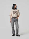 DAXUEN light beige oversized bold graphic t-shirt — model photo