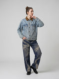 DAXUEN light blue denim jacket with brown collar — model photo