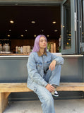 DAXUEN light blue denim jacket with brown collar — model photo