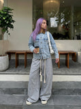 DAXUEN light blue denim jacket with brown collar — model photo