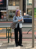 DAXUEN light blue denim jacket with brown collar — model photo