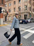 DAXUEN light blue denim jacket with brown collar — model photo